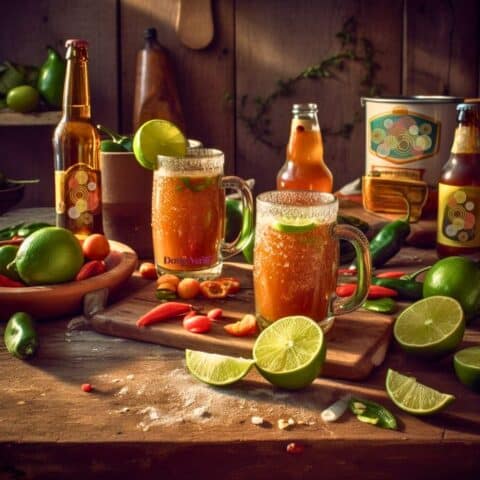 Spicy Cheladas on kitchen table with fresh lime