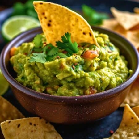 Spicy Mango Guac with one chip and cilantro