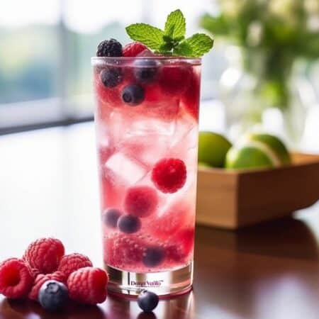 The Summer Berry Fizz Cocktail with a few raspberries next to the glass ready to drink