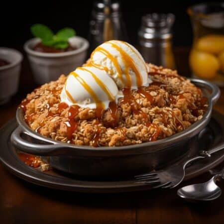 bourbon peach pecan cobbler served warm with whipped topping