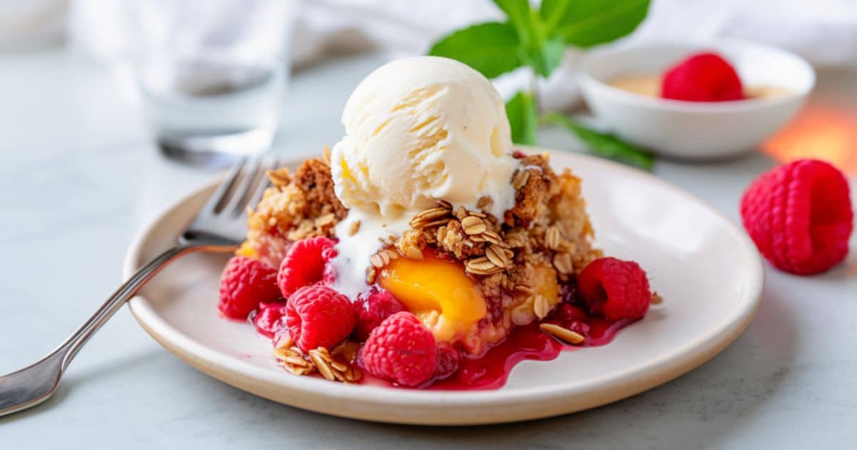 spiced peach melba cobbler plated