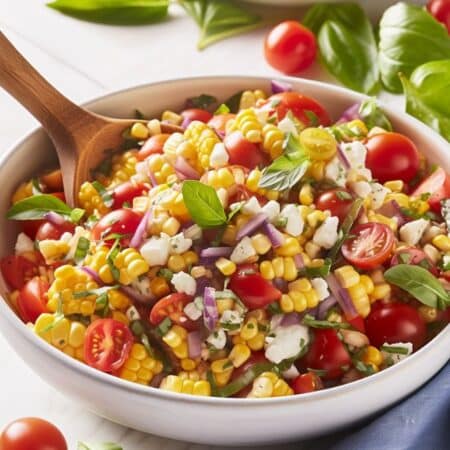 a bowl of summer corn salad with tomatoes ad basil
