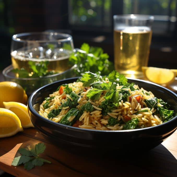 lemon orzo with lemon zesty rapini in a bowl for lunch