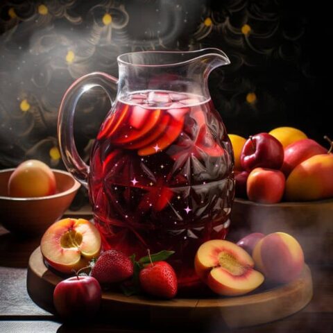 Berry peach sparkling sangria in a pitcher