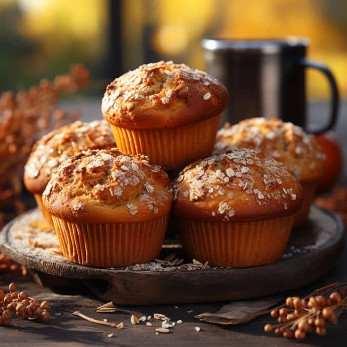 Close up of a moist Protein Pumpkin Spice Muffin topped with oatmeal showcasing its rich texture