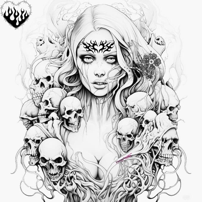 FREE HORROR TATTOO COLORING PAGES THE TEMPTRESS SKULL MOMMA