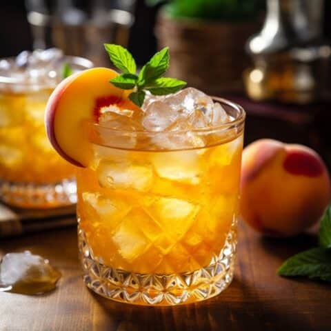 end-of-summer bourbon peach cocktails garnished to serve