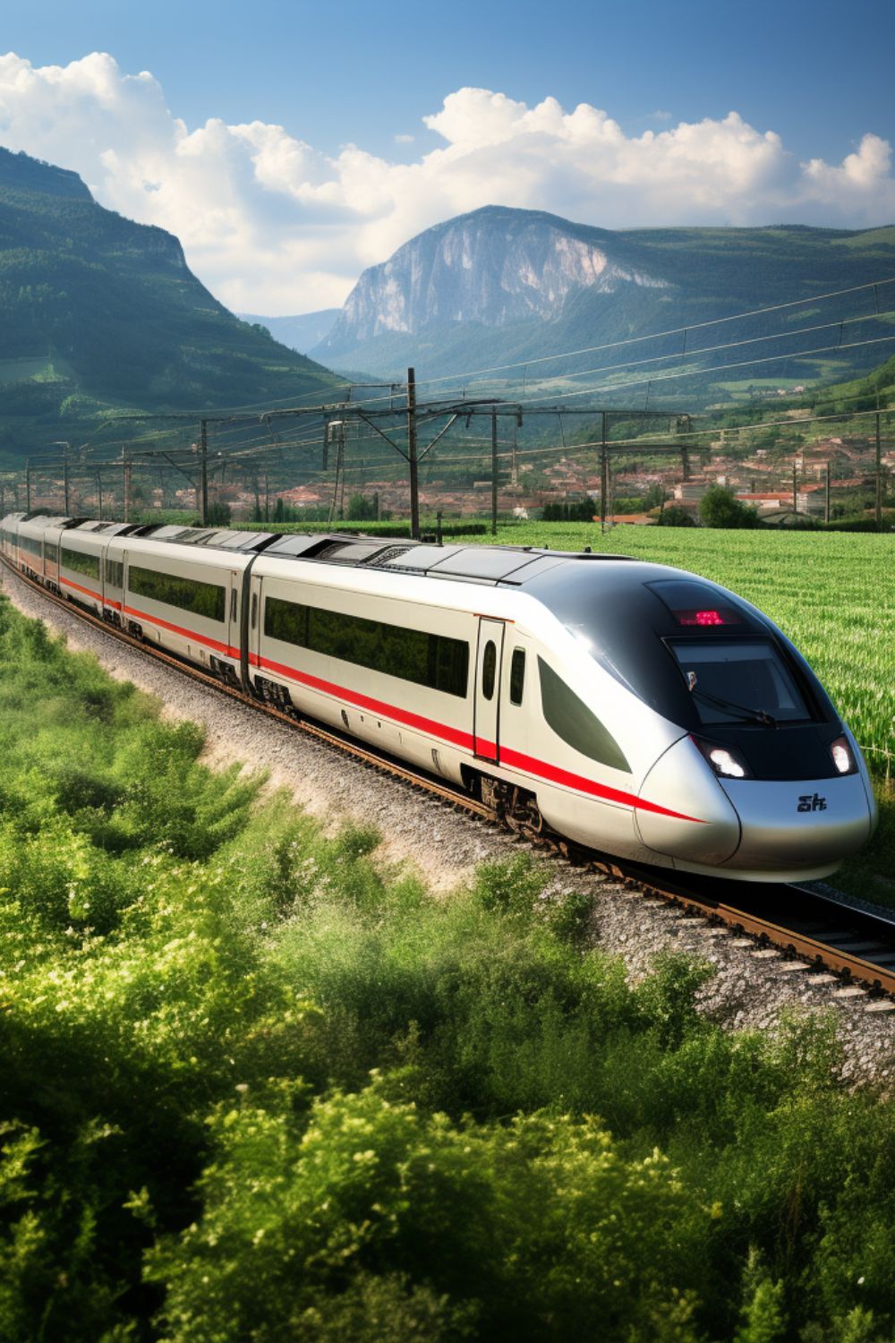 A high speed train rushing through the picturesque Italian countryside symbolizing the convenience and allure of Italian train travel