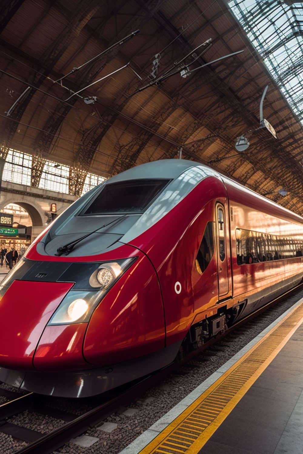 A sleek modern high speed train parked at an Italian train station ready to whisk passengers to their next destination for train travel in Italy 