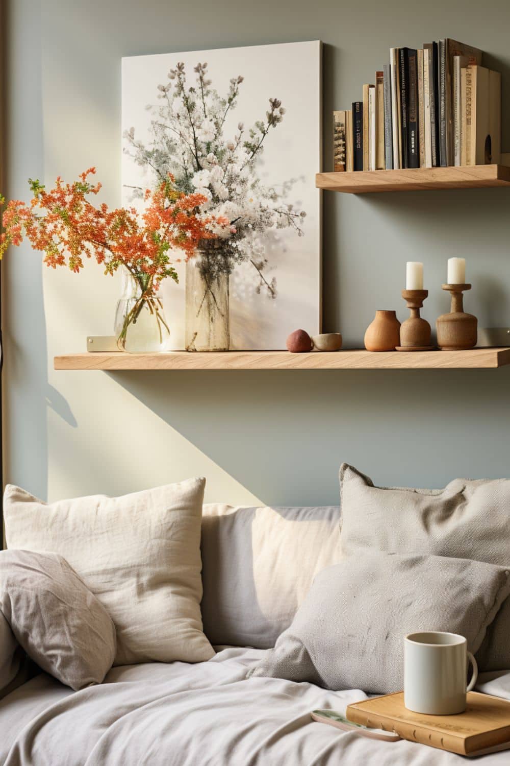 Make sure your seasonal spruce-up includes DIY custom wooden shelves mounted on a wall displaying books and decorative items