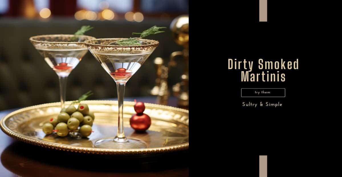 Dirty Smoked Martinis with vodka garnished for the holidays