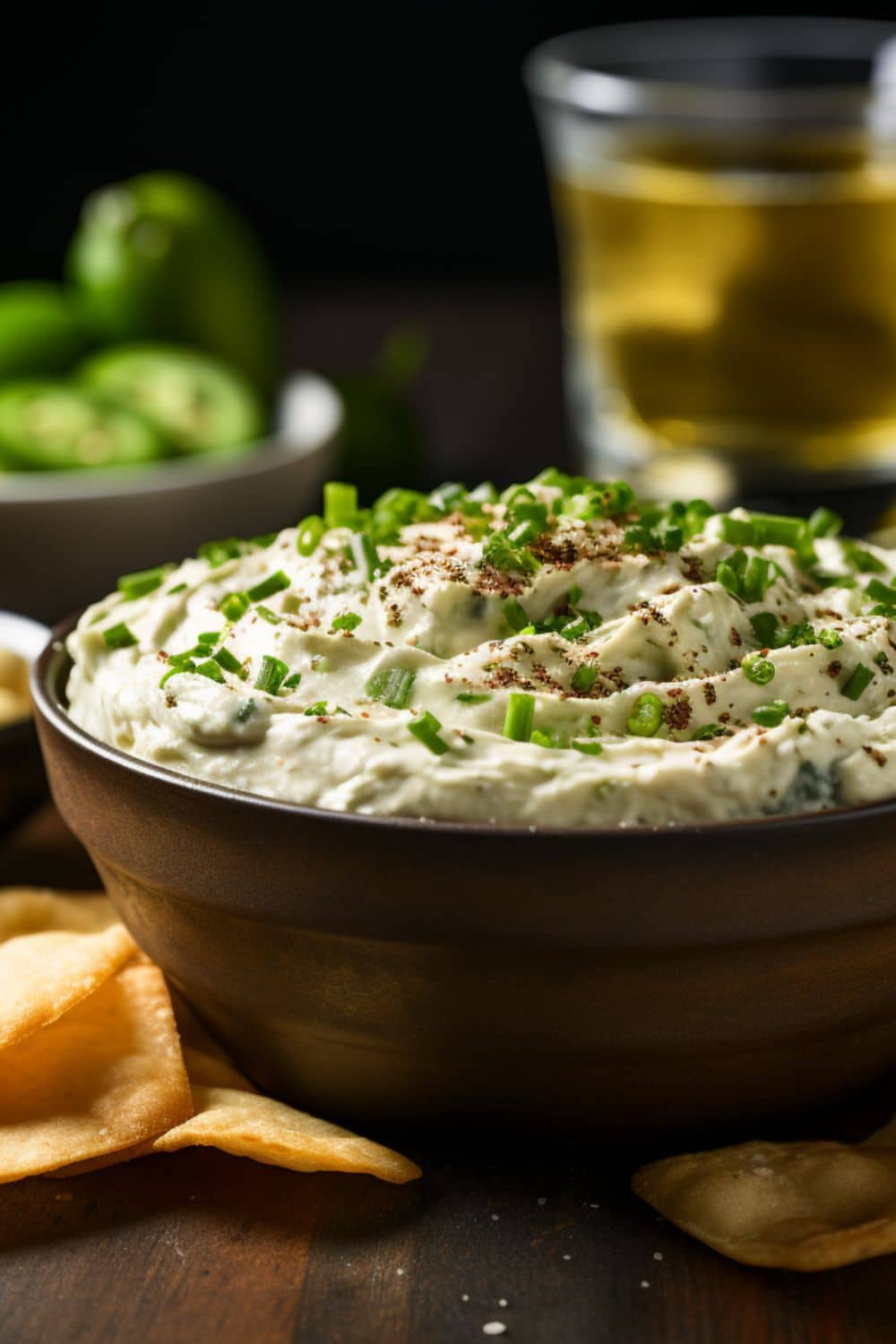 Dirty martini Dip topped with chives and green chopped olives