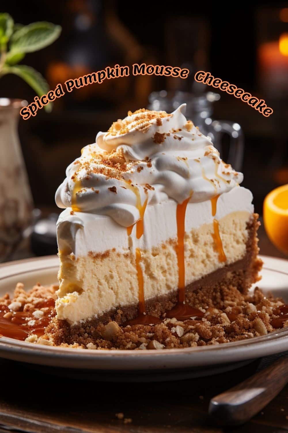 Spiced Pumpkin Mousse Cheesecake topped with maple whipped topping