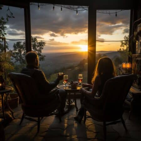 a couple experiencing off-grid travel watching the sunset in their secluded destination