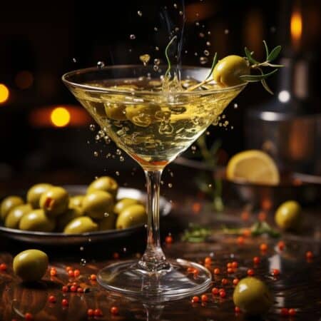 a dirty martini made with smoked vodka being poured into a martini glass