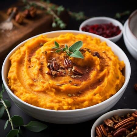 Easy Pumpkin mashed potatoes in 1 large white bowl topped off with plain pecan pieces. with plain pecan crumbles