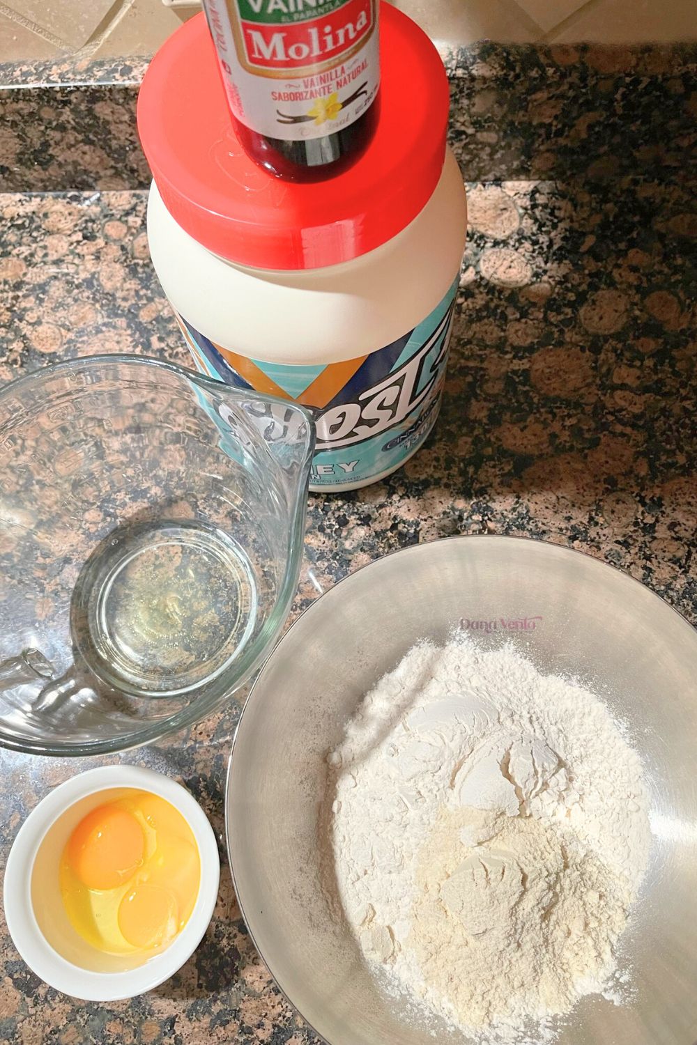 the ingredients for the protein packed Belgian waffles laid out on a kitchen counter