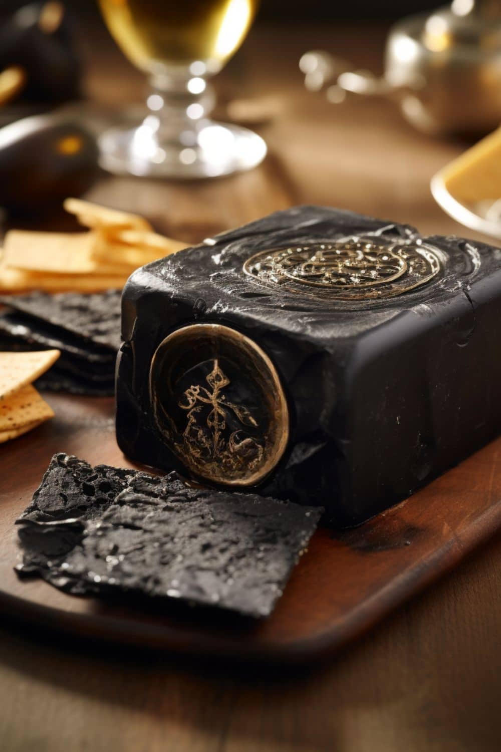 Black cheese on a charcuterie board for Black Foods for Halloween