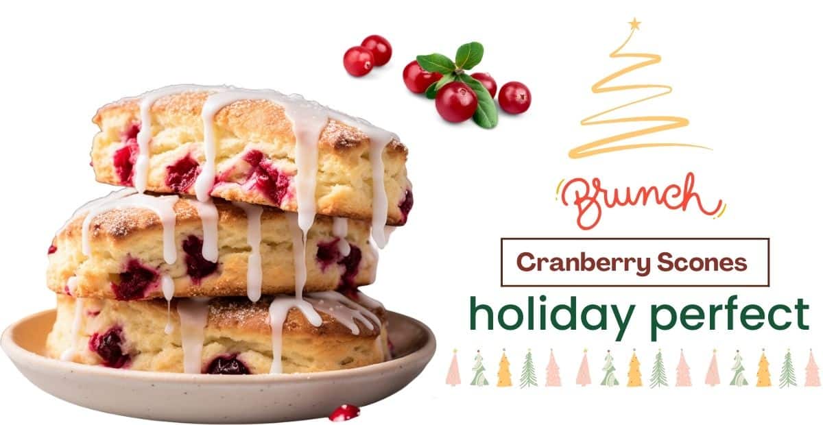 Cranberry spiced holiday scones with fresh white icing plated for brunch