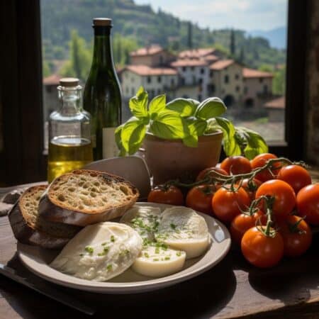Global comfort food of Italy including tomatoes bread and basil