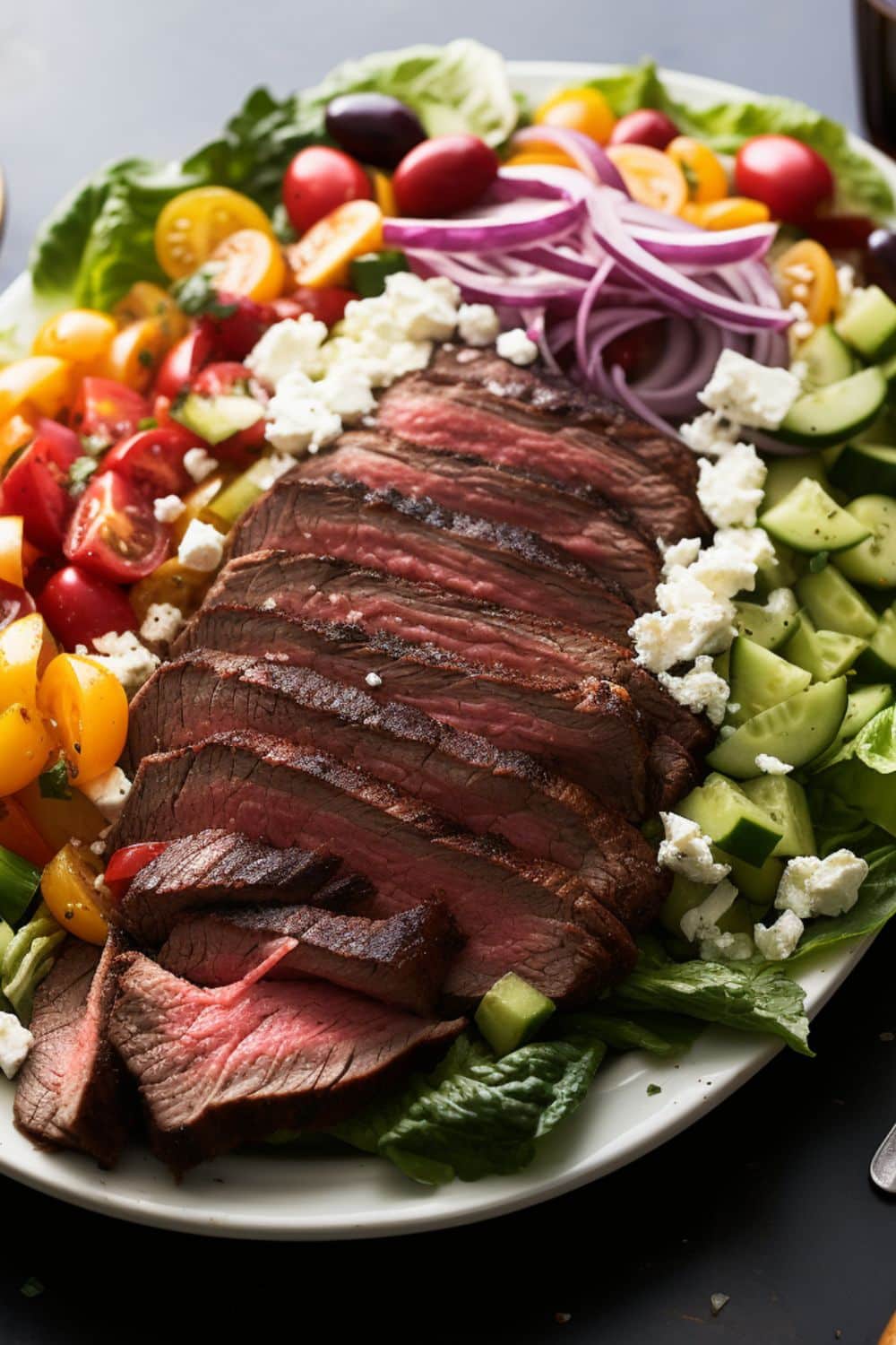 Greek steak surrounded by chopped veggies