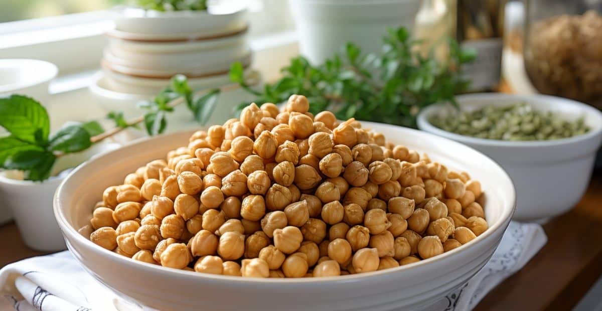 Chickpeas in a bowl that are mega Plant-based Protein sources  