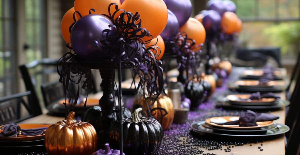 Purple food ideas table set up for Halloween party 