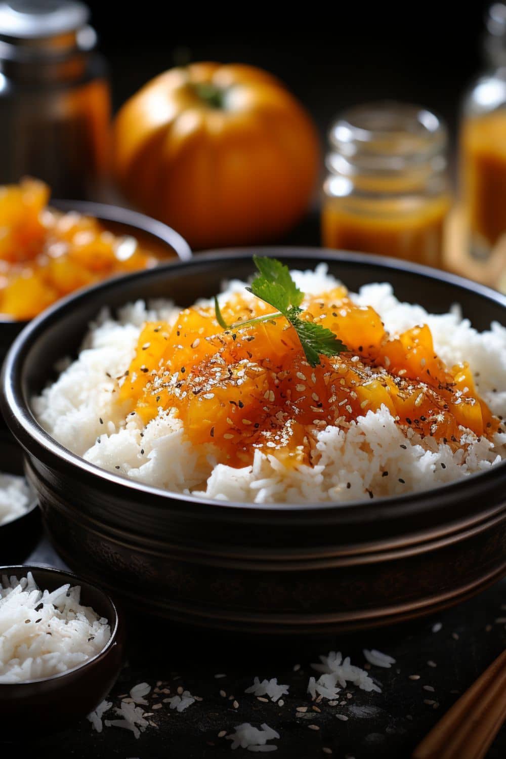 White rice and orange marmalade for orange foods on Halloween tables