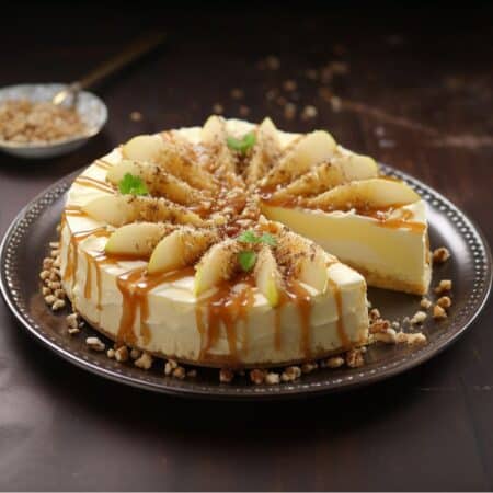 pear cheesecake with caramel and nuts on top