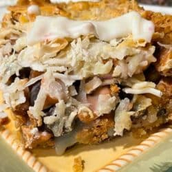 The chocolate chip and butterscotch cookie bar with coconut on a plate