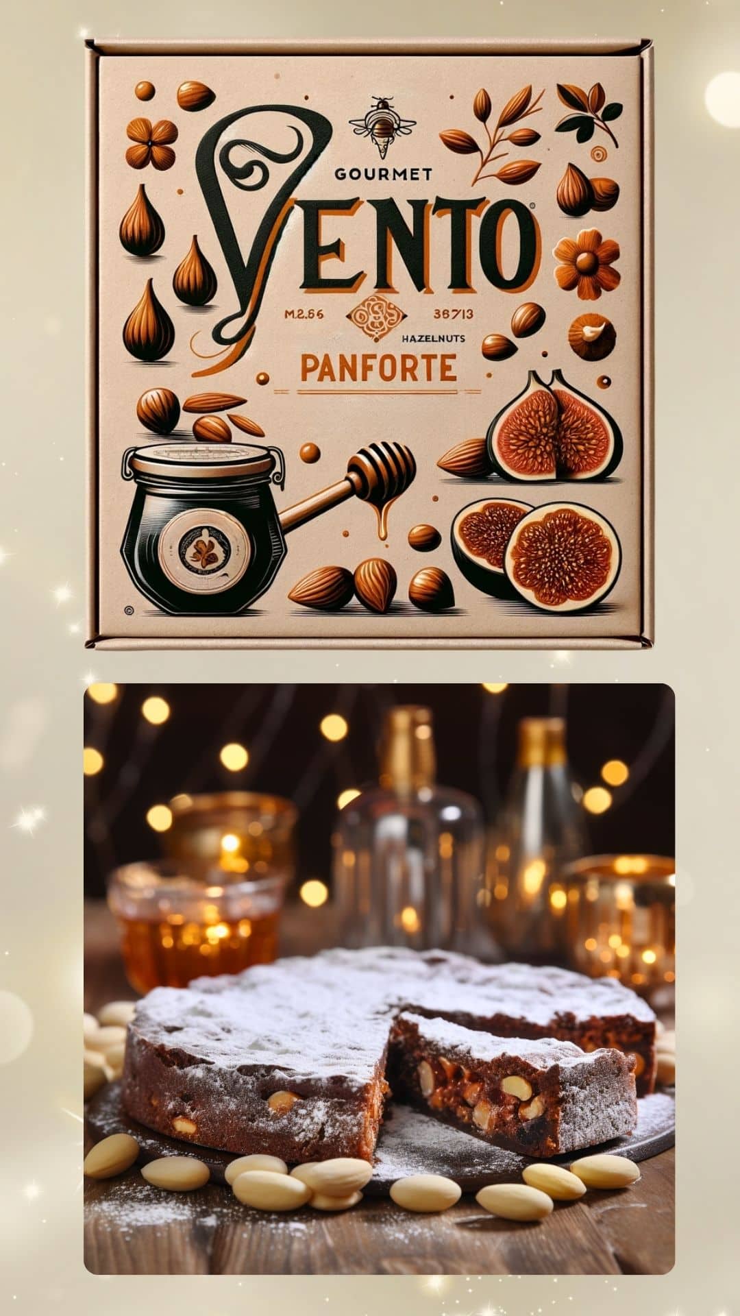 Authentic Homemade Italian Panforte in a gift box and on a cutting board