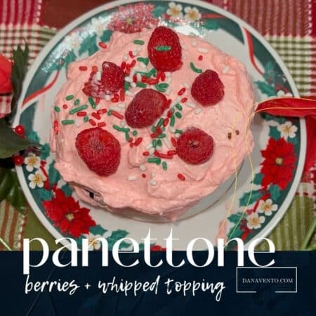 panettone topped with pink raspberry homemade whipped topping