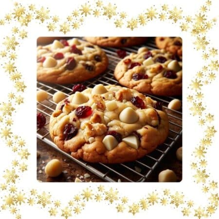 white macadamia cranberry cookies on a cooling rack after baking