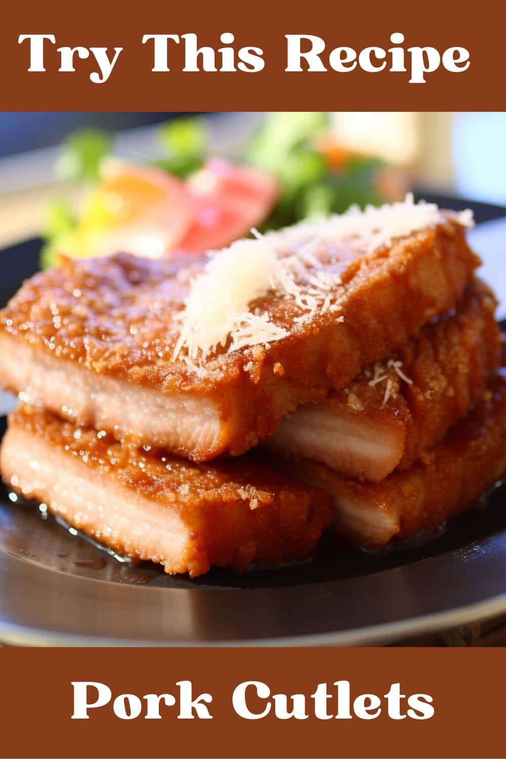 Breaded Italian Pork cutlets stacked on a plate