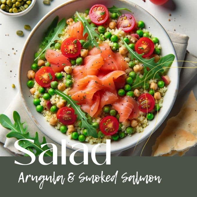 Salad with salmon and arugula in a bowl