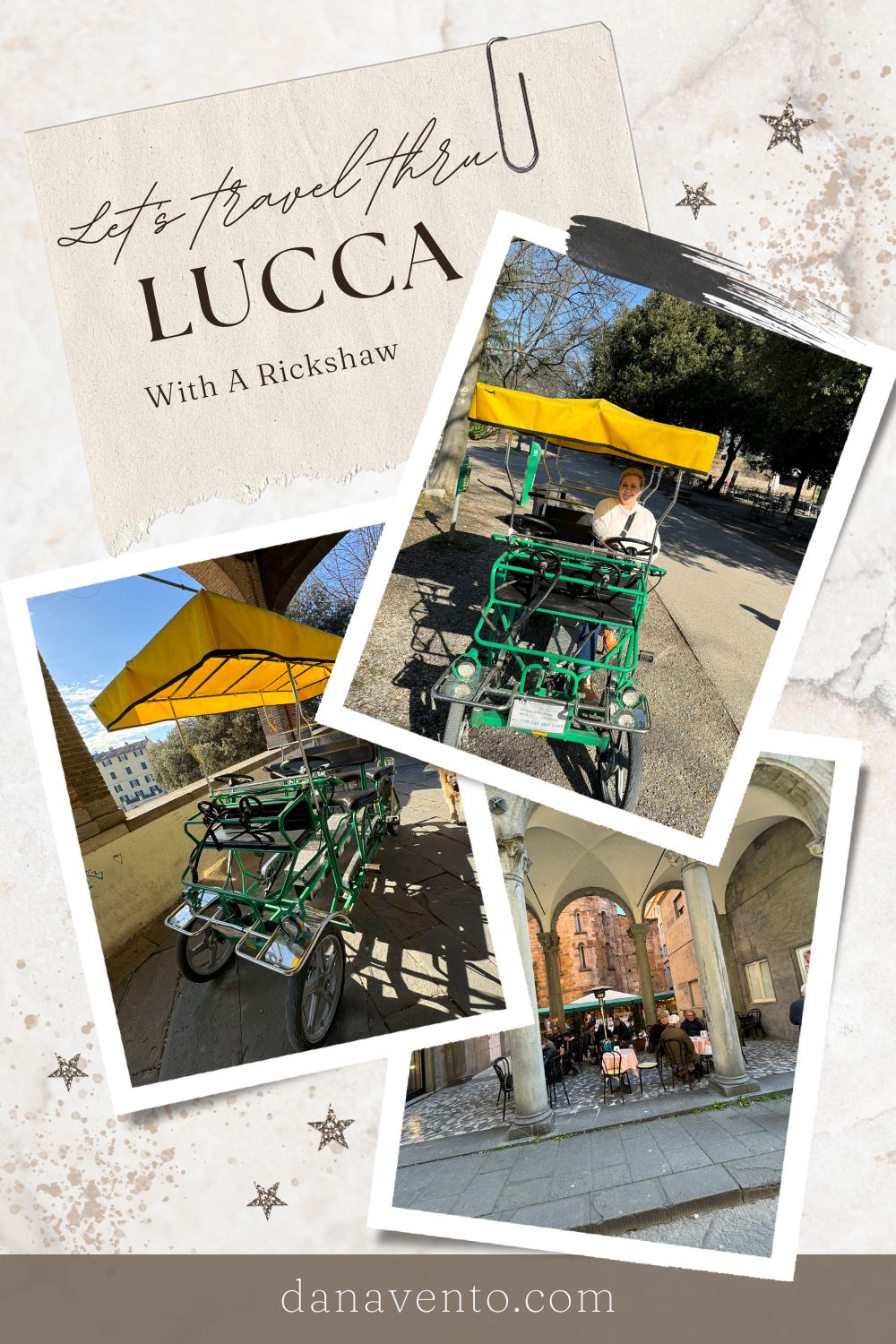 dana behind the wheel of the best Lucca bike rental rickshaw for four