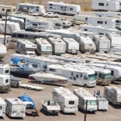 RV travel adventures with rows of motorhomes and trailers parked at an RV lot