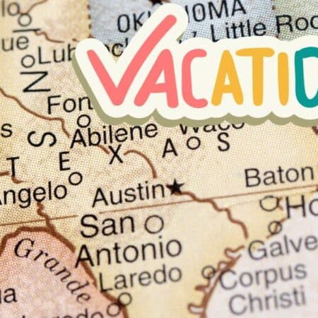 Texas RV travel vacation map with Austin San Antonio Houston and El Paso highlighted