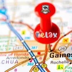 Map of Gainesville Florida with relax pin showing the best things to do in Gainesville after college drop-off.