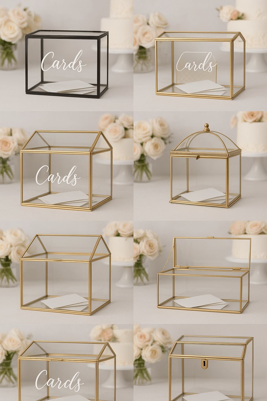 Glass Card Boxes for All Occasions: Wedding, Baby Showers, Birthdays & More 1 Collage of eight elegant glass card boxes in gold and black frames, each with heart-shaped locks, styled with envelopes, flowers, and keepsakes — perfect for weddings, showers, or home décor