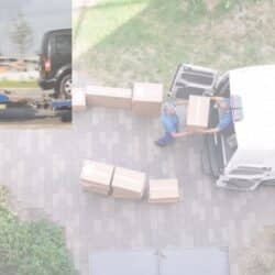 Ship your car across the USA — car on transport trailer while movers load boxes into a van during a relocation