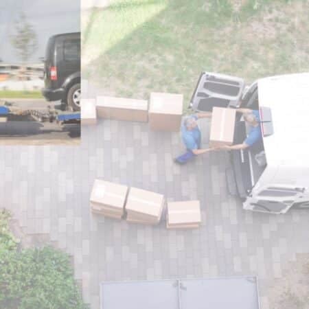 Ship your car across the USA — car on transport trailer while movers load boxes into a van during a relocation