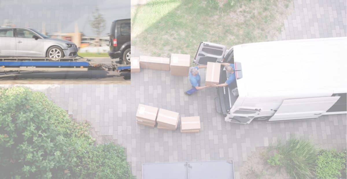 Best Ways to Ship Your Car Across the USA 1 Ship your car across the USA — car on transport trailer while movers load boxes into a van during a relocation