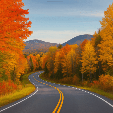 A winding road surrounded by brilliant fall foliage in shades of orange, yellow, and red, with rolling mountains in the distance — perfect for fall RV travel.