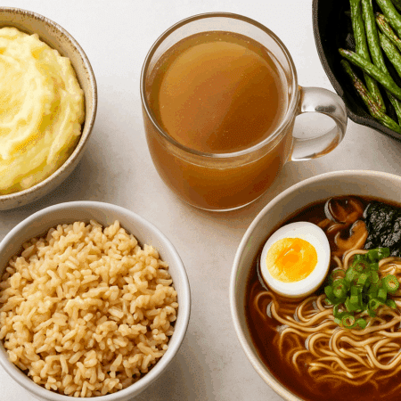 Flat lay of foods upgraded with bone broth including a bowl of mashed potatoes, a mug of bone broth, sautéed green beans in a skillet, a bowl of fluffy rice, and ramen topped with a soft-boiled egg and scallions