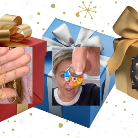 Holiday jewelry gift guide featuring gold chain necklaces, colorful evil eye pendant, and gold plated bracelet displayed inside festive gift boxes with bows.