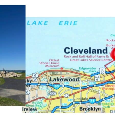 ort Clinton Lighthouse and map of Cleveland highlighting Lake Erie Shores and Islands Ohio