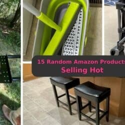 Random Amazon Products — hero collage with counter bar stools, a manual lawn edger trimming a garden border, a collapsible wagon on a patio with a woman sitting in it, and a collapsible sponge mop set in a bucket.