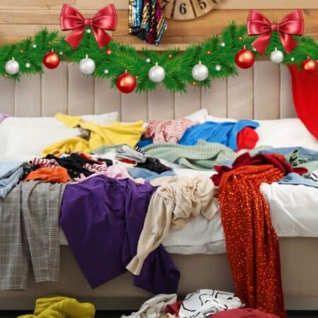 Messy bedroom with clothes piled on the bed, decorated with Christmas garland and ornaments, showing holiday clutter before organizing.