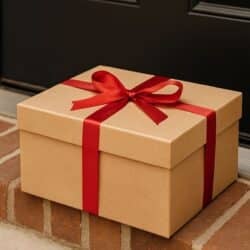 Beautiful gourmet food gifts box wrapped in red ribbon, placed on a brick doorstep in front of a black door, symbolizing gourmet food gift delivery to your home